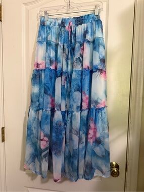 Blue Floral Tiered Maxi Skirt - Lightweight Women’s Skirt